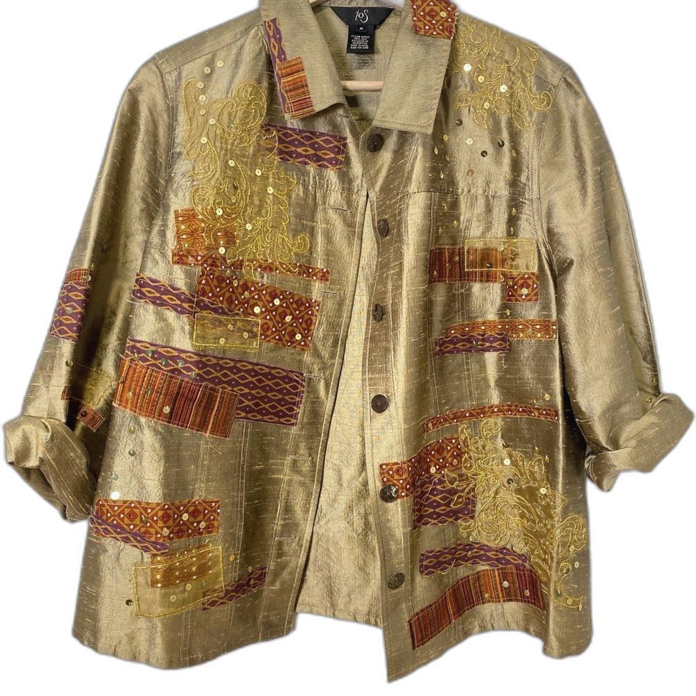 Ios Gold Sequin Silk Sequin Seashell Button Shirt… - image 1